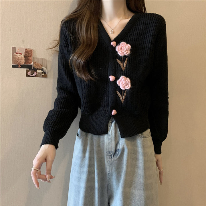 Damen Strickjacke mit floralen Applikationen Drune