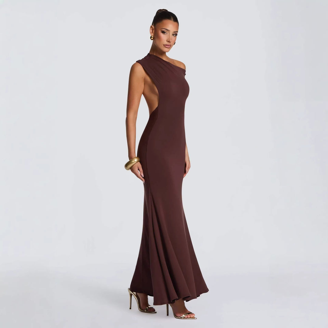 Damen Elegantes asymmetrisches Maxikleid mit schulterfreiem Design Drune