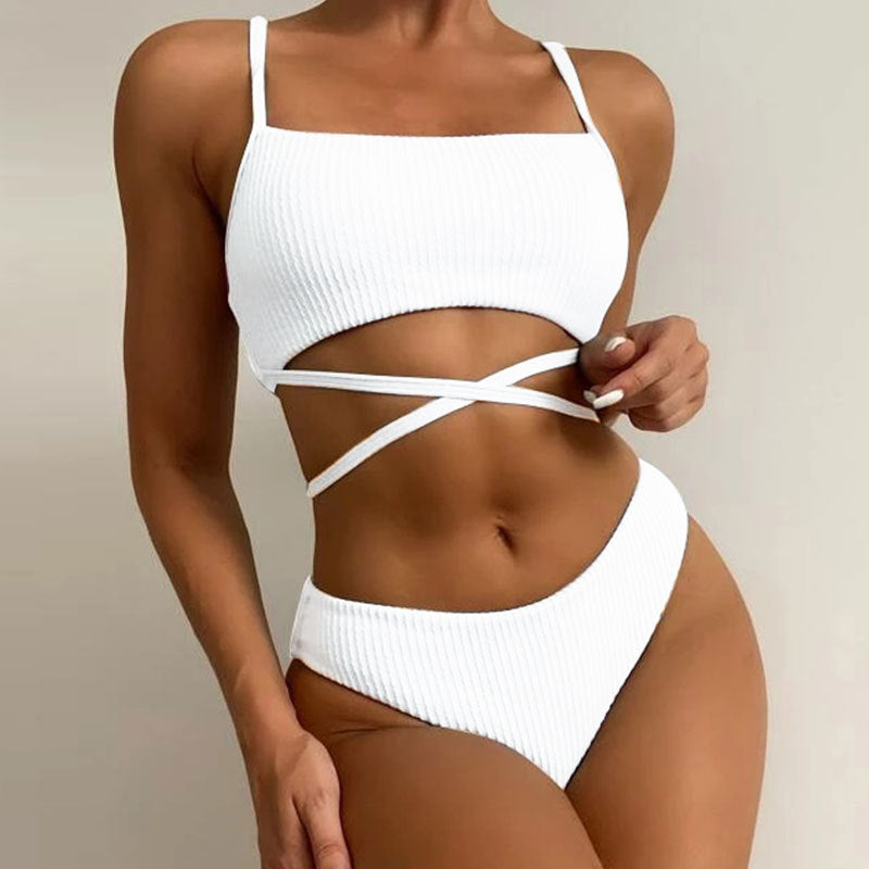 Damen Hochgeschnittener Ripp-Bikini mit Kreuzdetails Drune