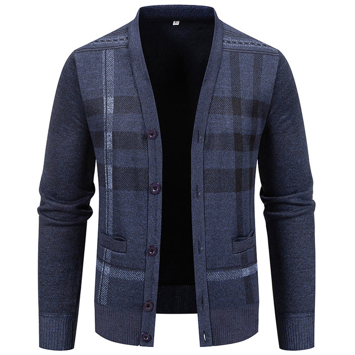 Herren stilvolle Strickjacke mit modernem Karomuster und praktischen Taschen Drune