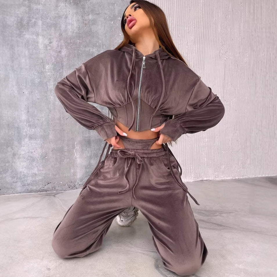 Damen Sportliches Velours-Cropped-Set mit Reißverschluss und Taillenschnitt Drune