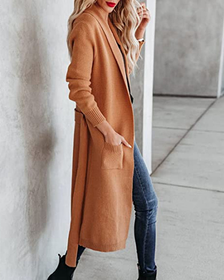 Damen Strickmantel mit praktischen Taschen und Gürtel Drune