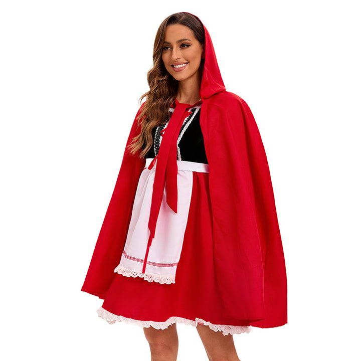 Damen nan Kapuzen-Cape Kostüm mit Schürzenkleid und romantischen Spitzenakzenten Drune
