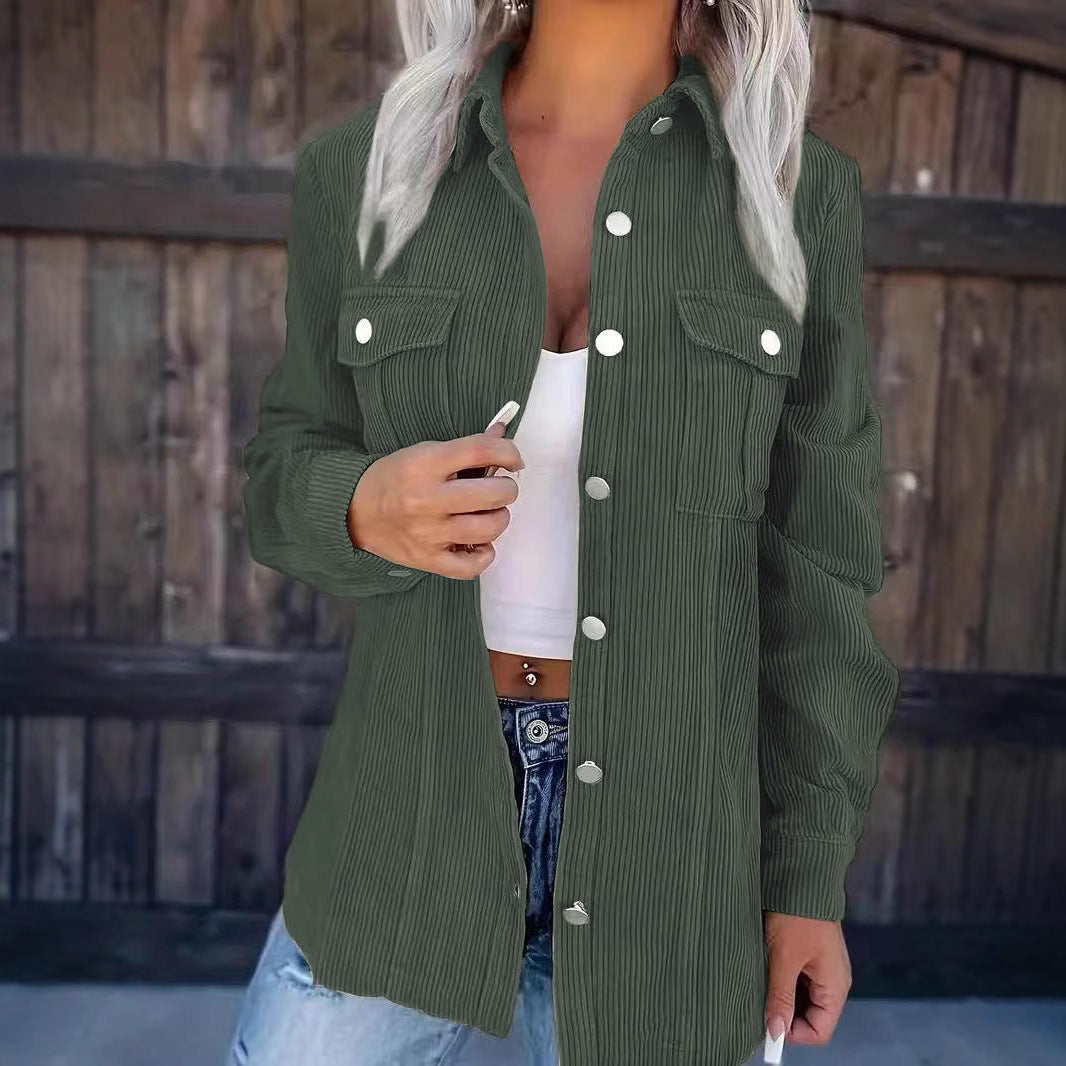 Damen Hemdblusenjacke aus feinem Strukturstoff mit aufgesetzten Taschen und Druckknopfverschluss Drune
