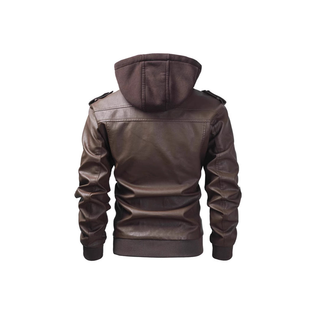 Herren Kunstlederjacke mit abnehmbarer Kapuze und Multifunktions-Taschen Drune