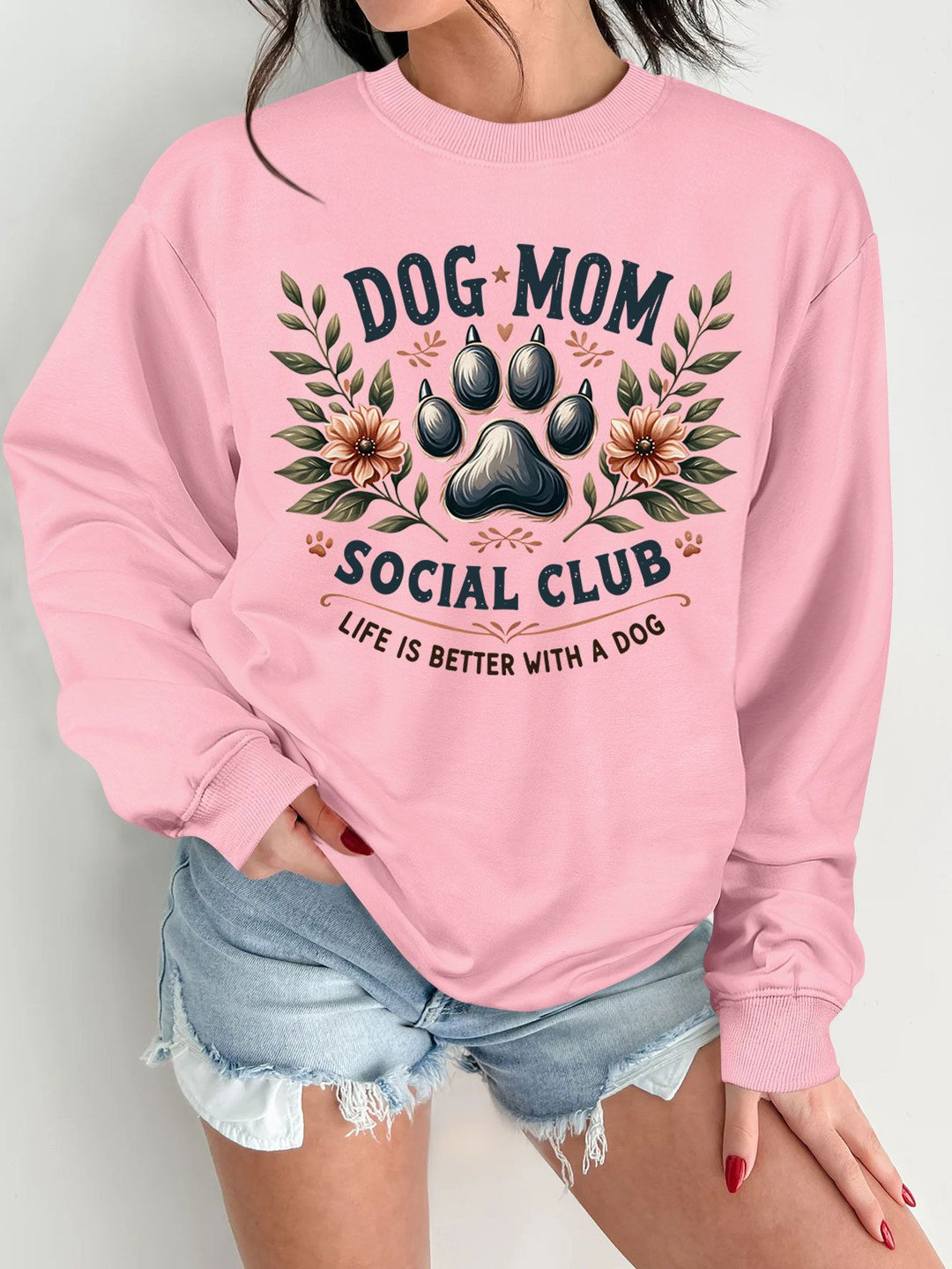 Damen Sweatshirt mit trendigem Hundemotiv und aufgepepptem Aufdruck Drune