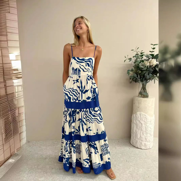 Damen Maxikleid mit elastischem Taillenbund und bohemian Muster Drune