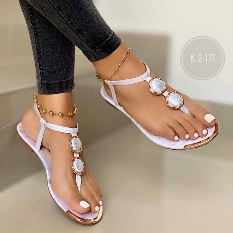 Damen nan elegante T-Steg-Sandale mit mehrteiliger Medaillon-Applikation und verstellbarem Knöchelriemen Drune