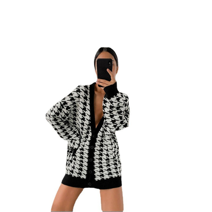 Damen stylischer Oversized-Strickcardigan mit klassischem Hahnentrittmuster Drune