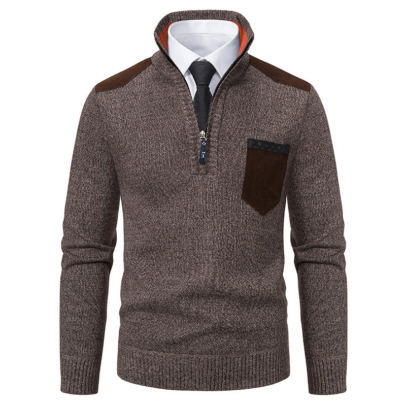 Herren nan Feinstrick-Halbzip-Pullover mit Stehkragen, Brusttasche und Schulterbesatz Drune