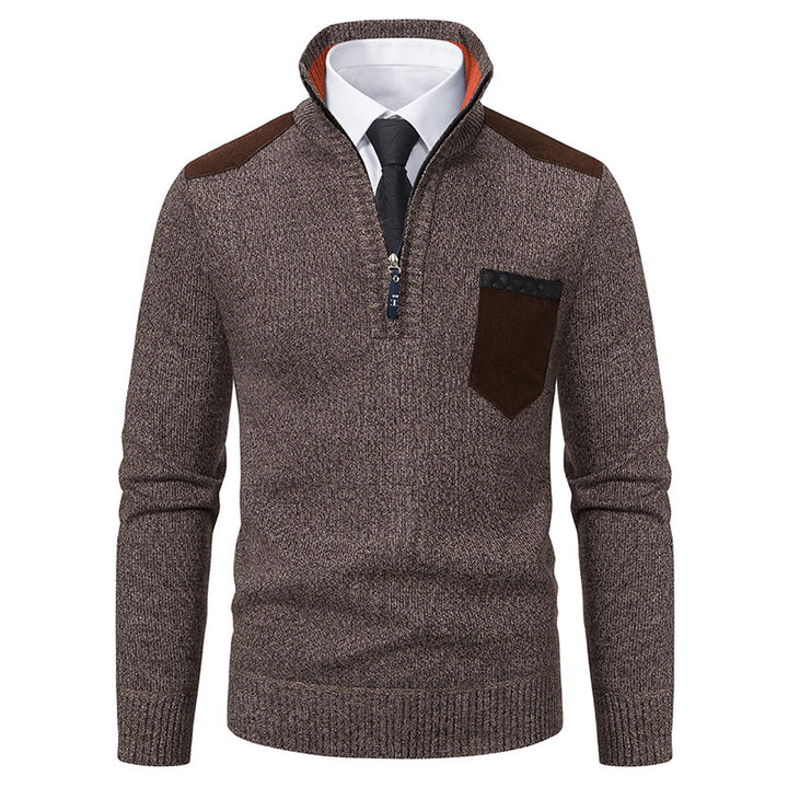 Herren nan Feinstrick-Halbzip-Pullover mit Stehkragen, Brusttasche und Schulterbesatz Drune