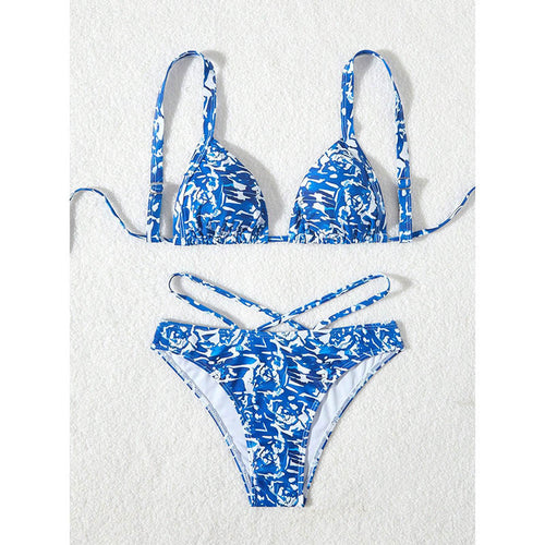 Damen Triangel-Bikini mit kreativem floralem Druck und verstellbaren Schnürdetails Drune