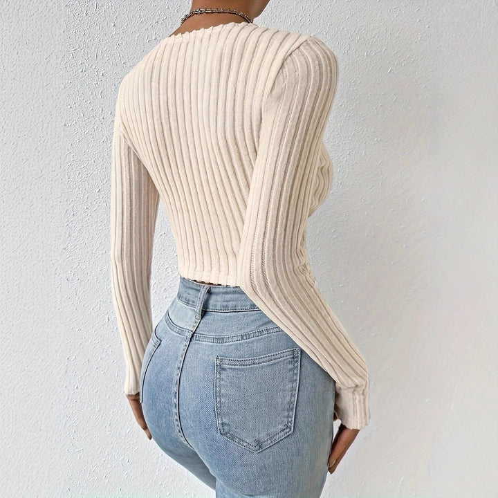 Damen Cropped Pullover mit V-Ausschnitt und raffiniertem Rippendesign Drune