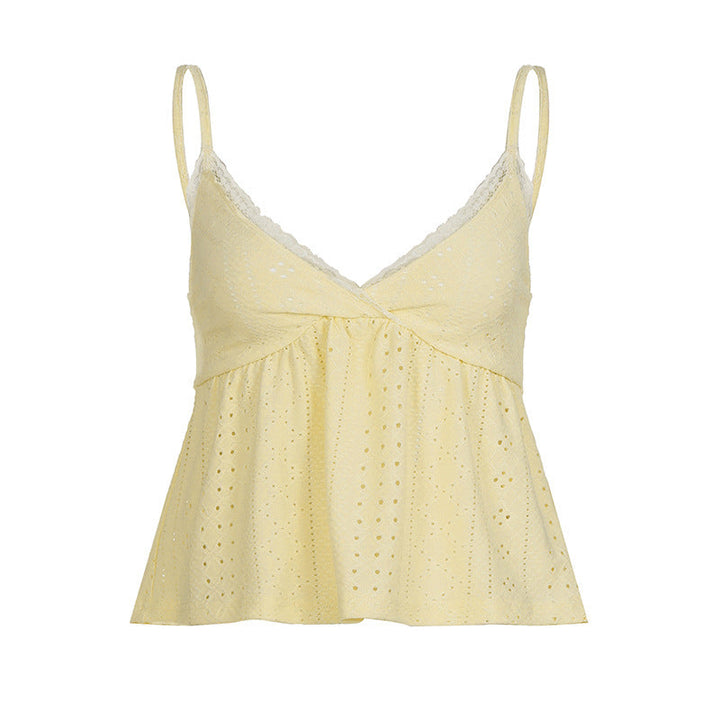 Damen Spaghetti-Trägertop mit feinem Spitzendetail und luftiger Baumwollstruktur Drune