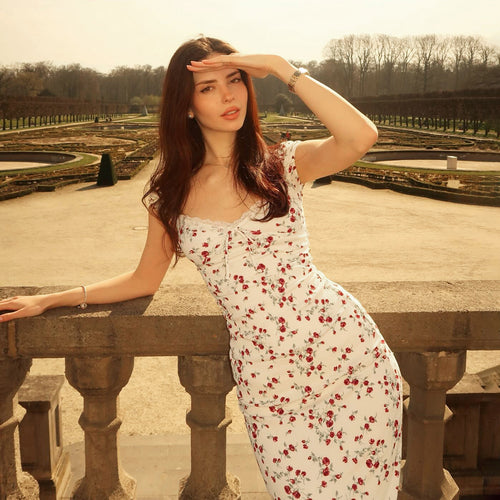 Damen romantisches Blumenkleid mit Raffungen und Spaghetti-Trägern Drune
