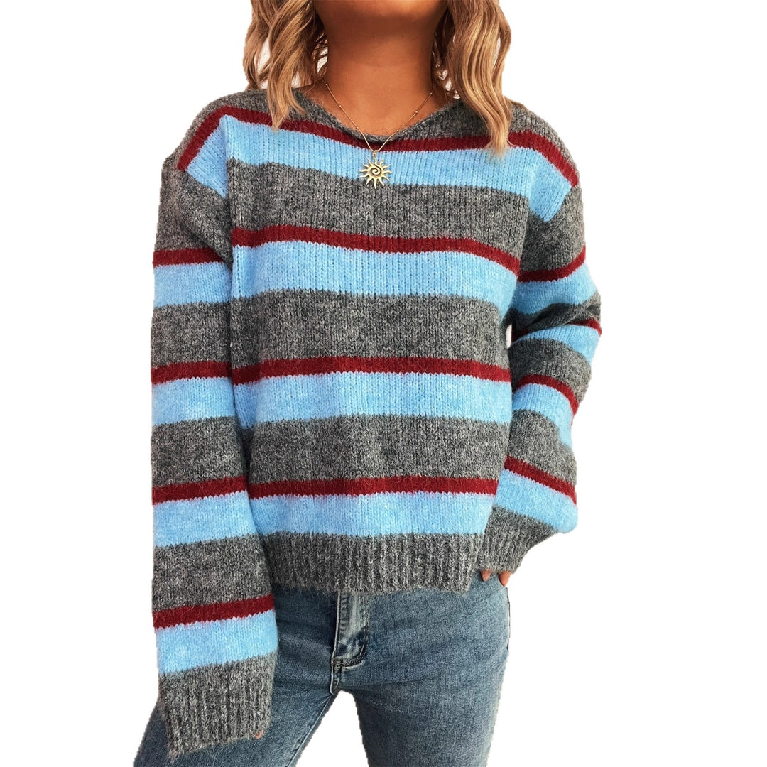 Damen lässiger Strickpullover mit buntem Streifenmuster und breiten Ärmeln Drune