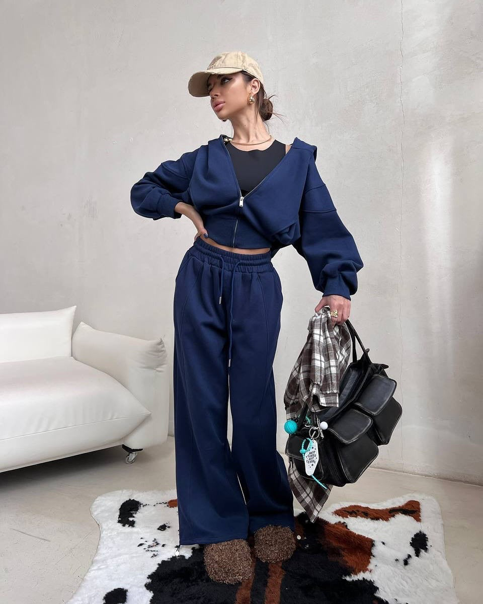 Damen komfortables und elegantes Loungewear-Set mit Kapuze und weiten Hosen Drune