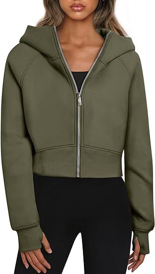 Damen Cropped Sweatjacke mit Reißverschluss und Kapuze Drune