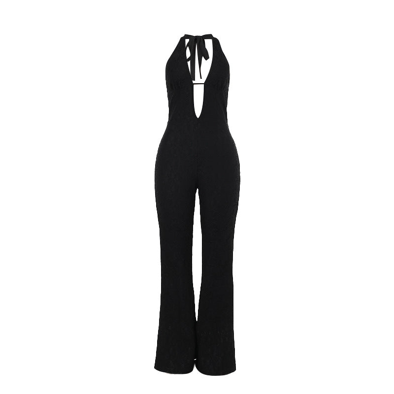 Damen Eleganter Jumpsuit mit tiefem V-Ausschnitt und figurbetonter Silhouette Drune