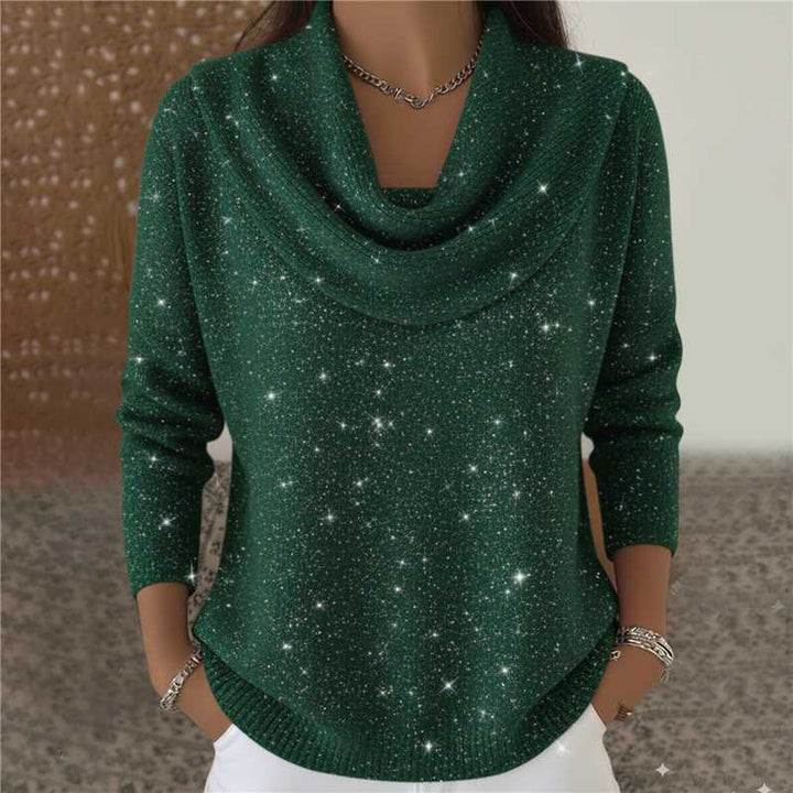 Damen nan schimmernder Strickpullover mit Wasserfallkragen, feiner Glitzerstruktur und schmalem Saum Drune