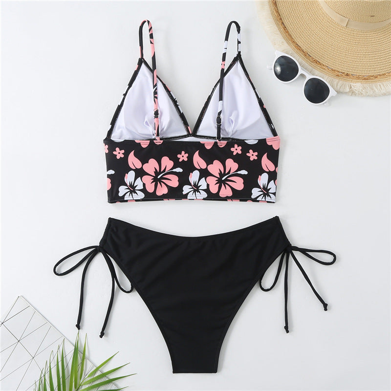 Damen Crop-Top Bikini mit verstellbaren Trägern und floralem Muster Drune