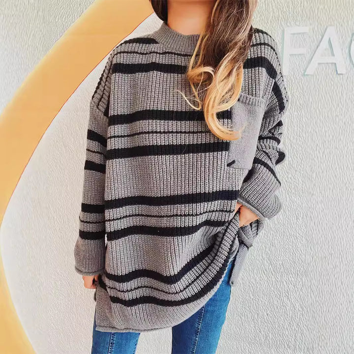 Damen lässiger Strickpullover mit modernem Streifenmuster Drune