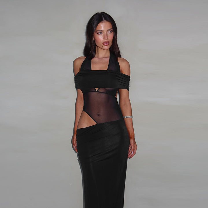 Damen Cocktailkleid mit schulterfreiem Design und raffiniertem Netz-Einsatz Drune
