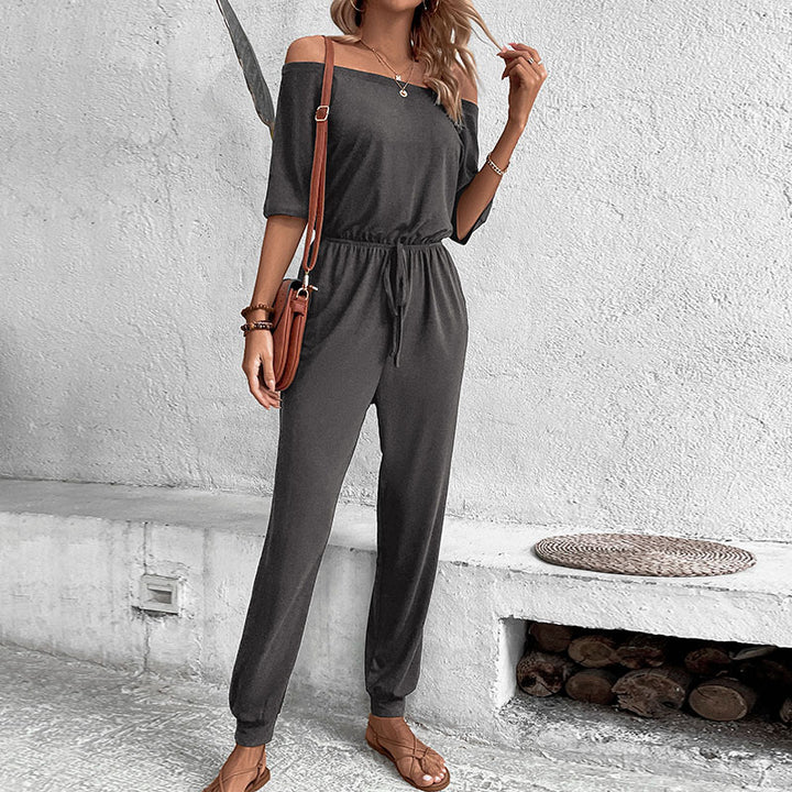 Damen lässiger Jumpsuit mit schulterfreiem Design und verstellbarem Taillenzug Drune