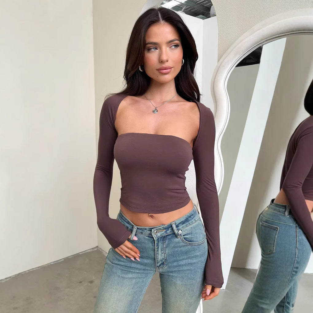 Damen Langarm Crop-Top mit körpernahem Schnitt und weitem Ausschnitt Drune