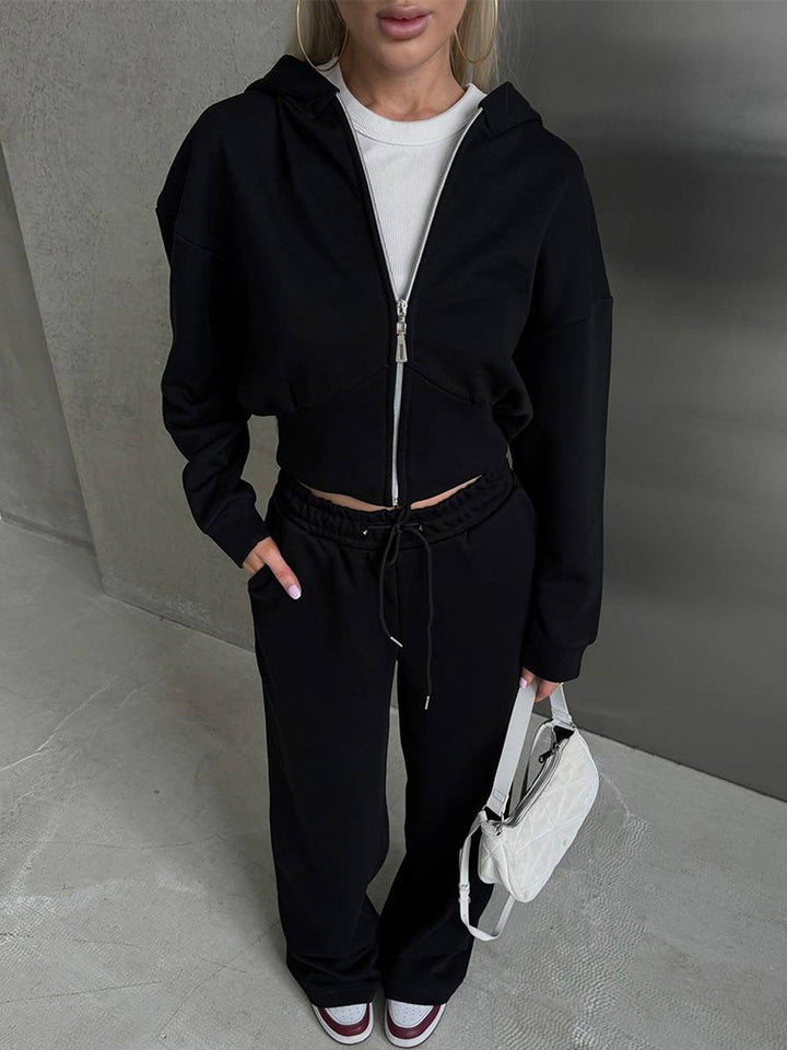 Damen nan zweiteiliges Cropped Hoodie-Set mit weitem Bundhose-Schnitt und tailliertem Reißverschluss Drune