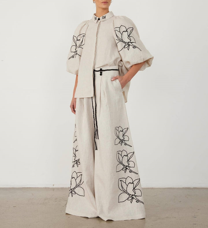 Damen Weit geschnittene Leinenhose mit floralen Stickereien Drune