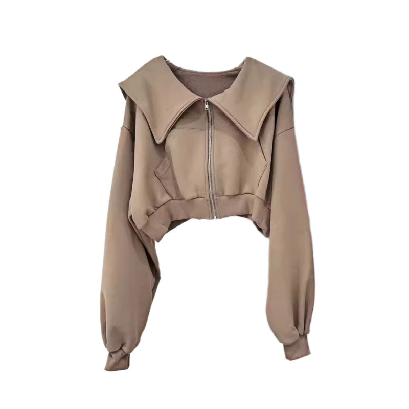 Damen moderne cropped Sweatjacke mit großzügigem Kragen Drune