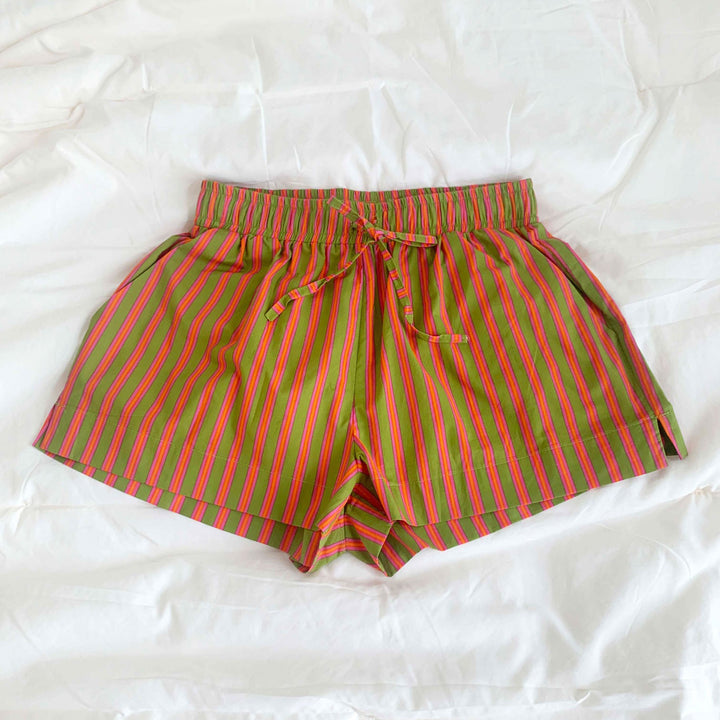 Damen bequeme Freizeit-Shorts mit farbenfrohem Streifenmuster und elastischem Bund Drune