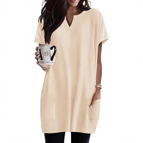 Damen lässiges Tunika-Kleid mit V-Ausschnitt und Taschen Drune