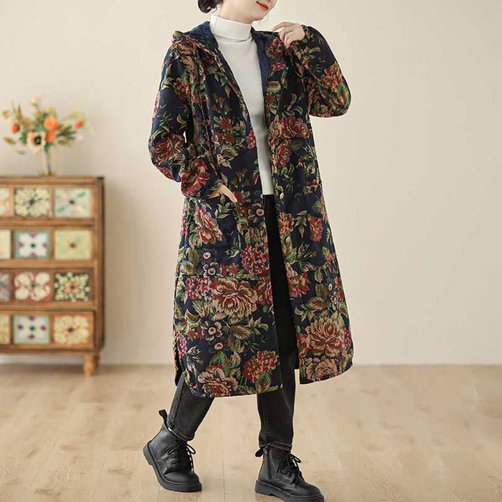 Drune | Langer Mantel im Vintage-Stil mit Blumendruck