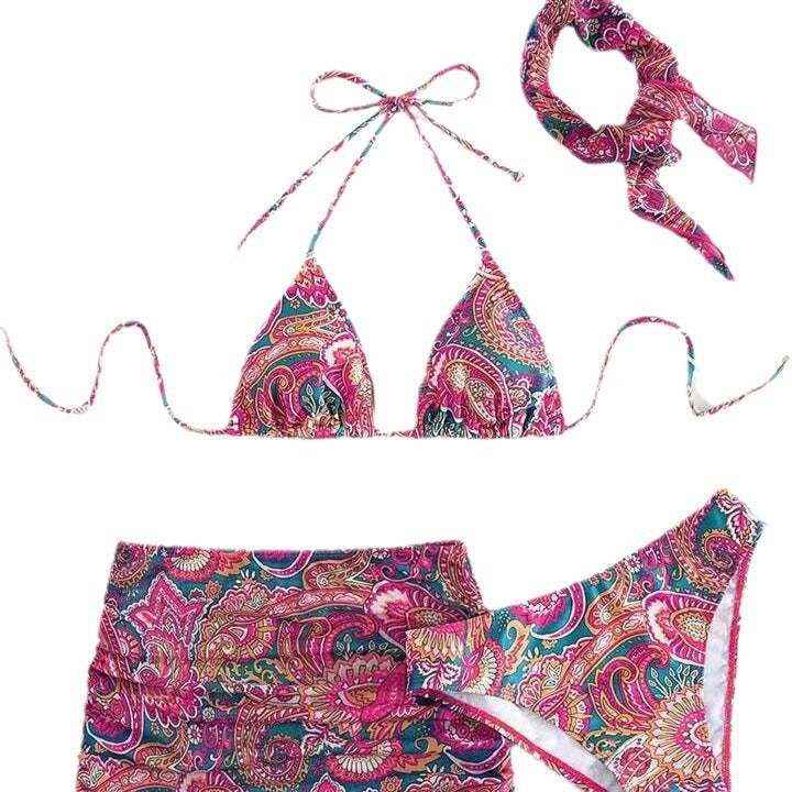 Damen Triangel-Bikini-Set mit elegantem Wickelrock und passendem Haarband Drune