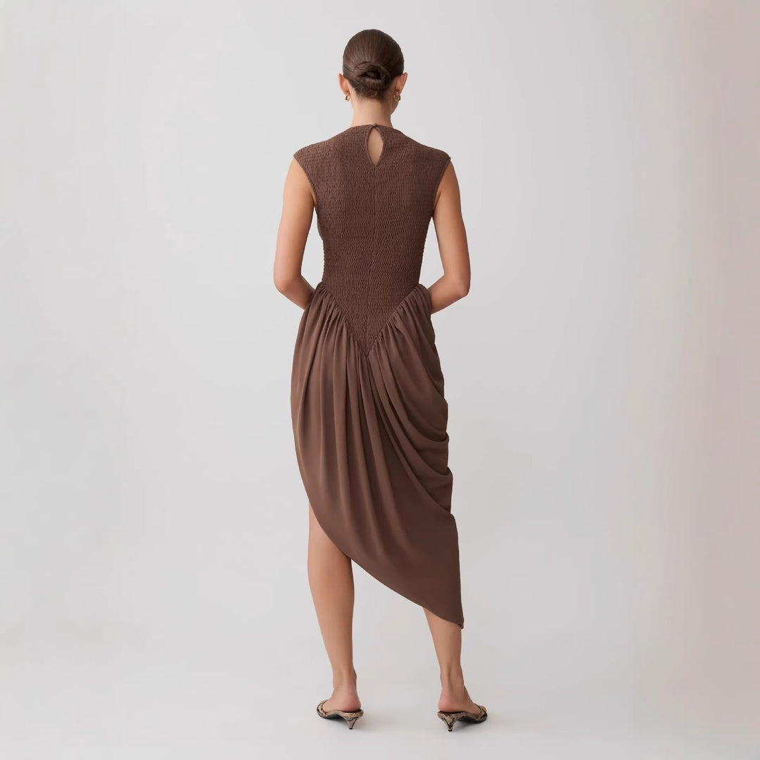 Damen Elegantes asymmetrisches Kleid mit strukturiertem Oberteil und fließendem Rock Drune