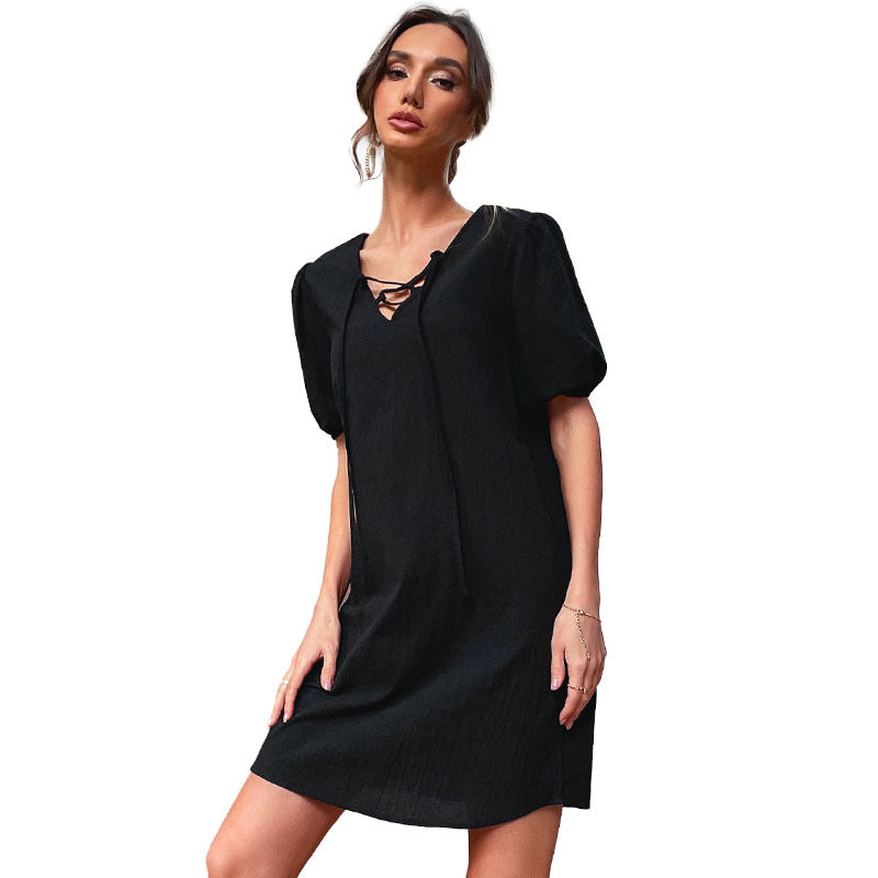 Damen Freizeitkleid mit eleganter Schnürung und Puffärmeln Drune