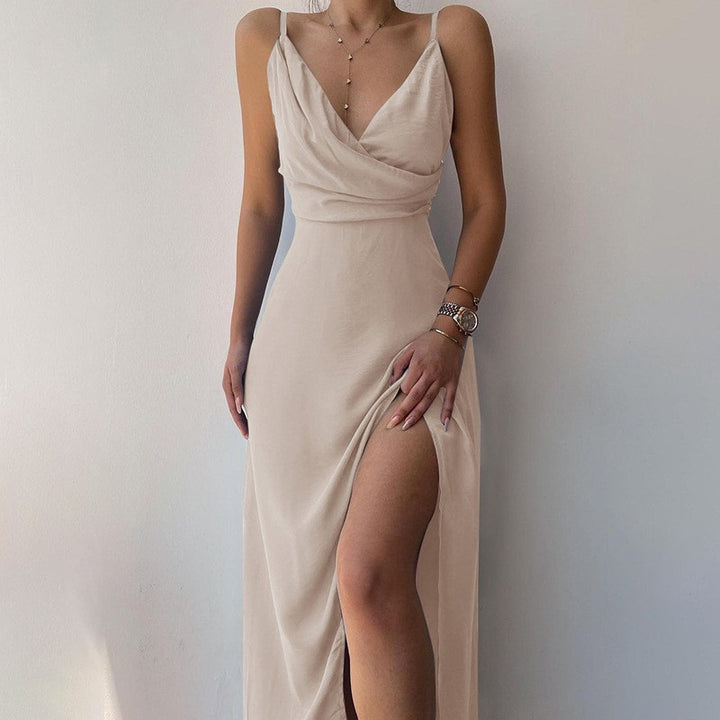 Damen Elegantes Hohe Schlitz Satin Maxi Kleid Drune