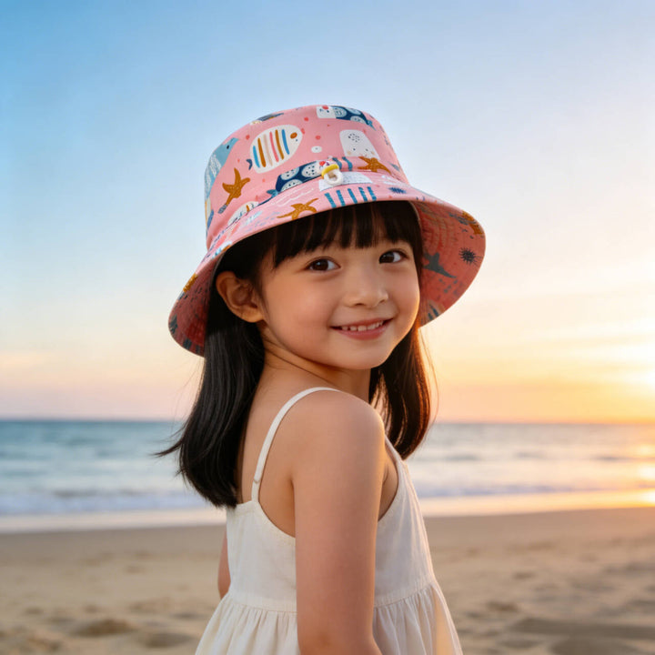 Unisex nan Kinder-Sonnenhut mit Wendemotiv, Kinnband und hohem UV-Schutz  Drune