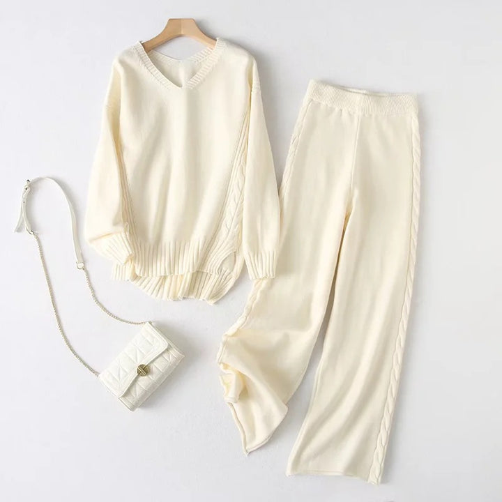 Damen kuscheliges Strickset mit V-Ausschnitt und Rippstruktur Drune