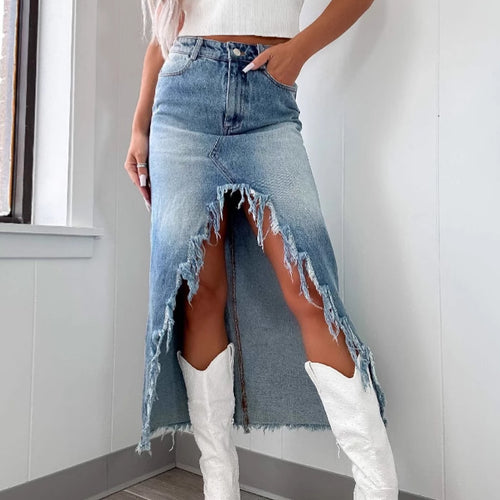 Damen Midilange Jeansrock mit teils fransigem Saum und hohem Schlitz Drune
