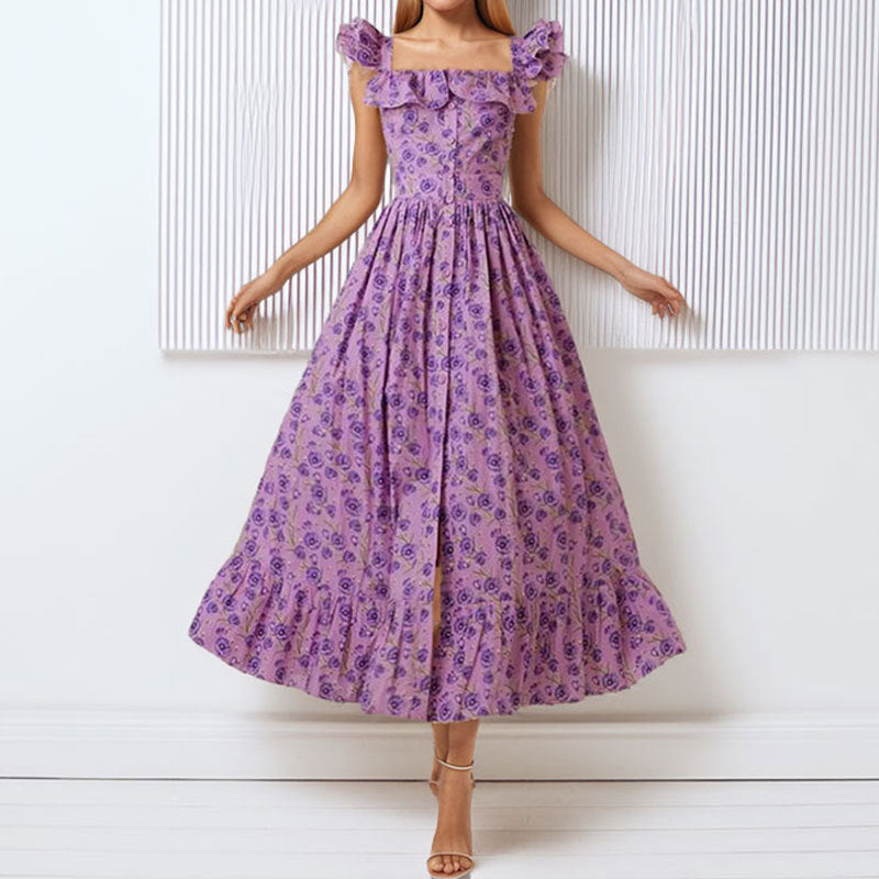 Damen Maxikleid mit Rüschendetails und knöpfbarem Oberteil Drune