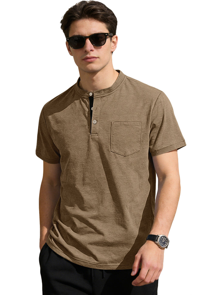 Herren nan strukturiertes Baumwoll-Henleyshirt mit kurzem Stehkragen Knopfleiste und Brusttasche Drune