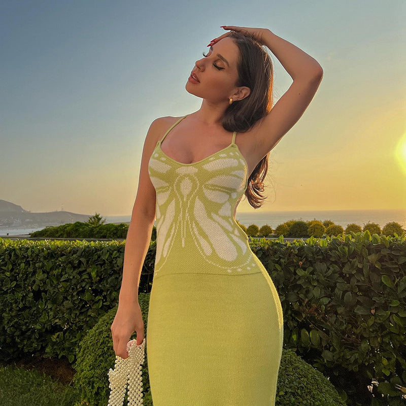 Damen Strickkleid mit floralem Design und Spaghettiträgern Drune