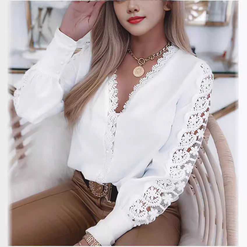 Damen elegante Bluse mit Spitzenapplikationen und V-Ausschnitt Drune