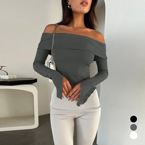 Damen Off-Shoulder Shirt mit eleganten Trompetenärmeln Drune