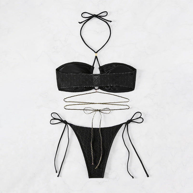 Damen Bandeau-Bikini mit verstellbaren Bindebändern und goldenen Akzenten Drune