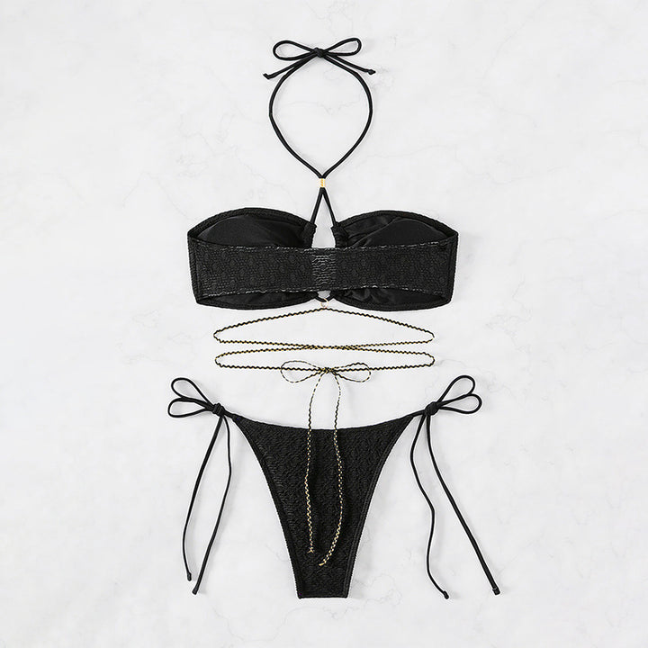 Damen Bandeau-Bikini mit verstellbaren Bindebändern und goldenen Akzenten Drune
