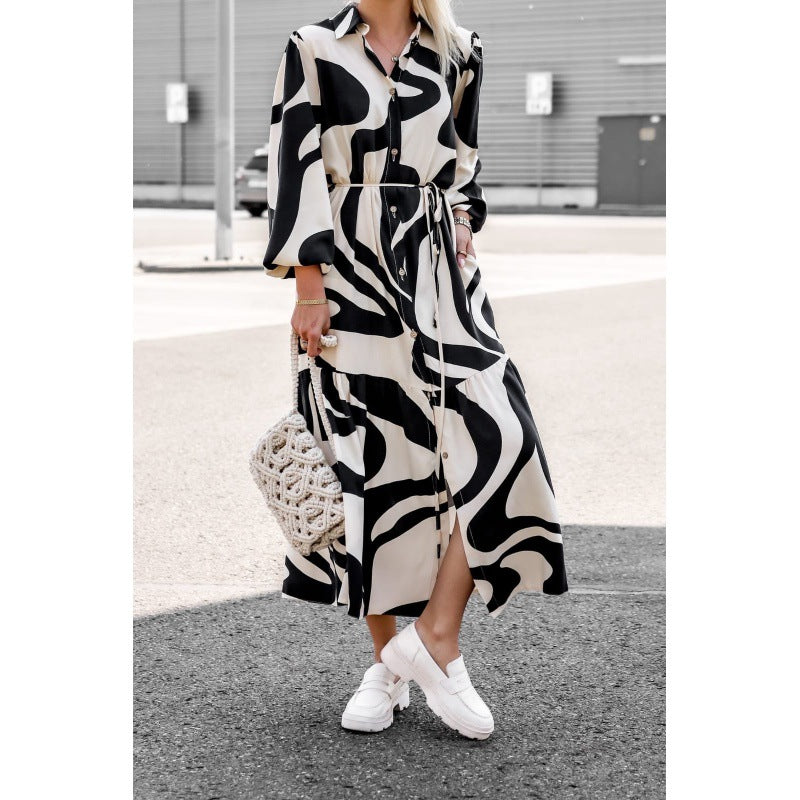 Damen langes Hemdkleid mit modernem Wellenmuster und Taillengürtel Drune